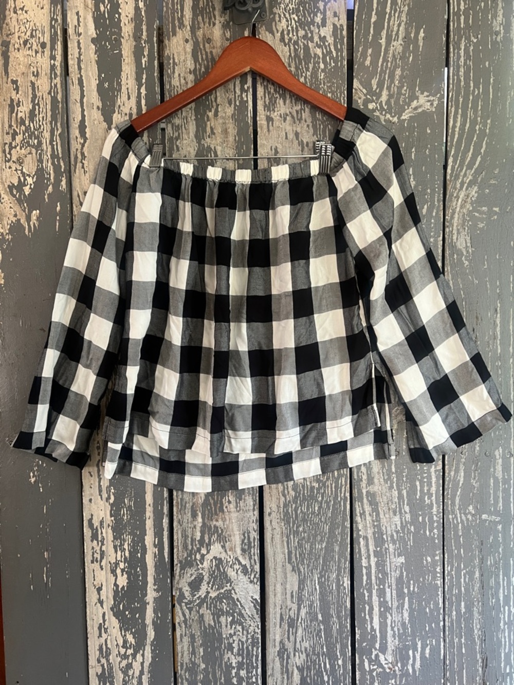 Cloth & Stone Black White Gingham Off Shoulder Top | Plaid Boho Blouse | Size S